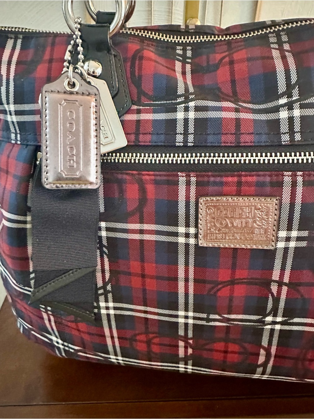 Coach Poppy Y2K 18713 Signature Sateen Tartan Glam Tote Red, Black White - Picture 13 of 16